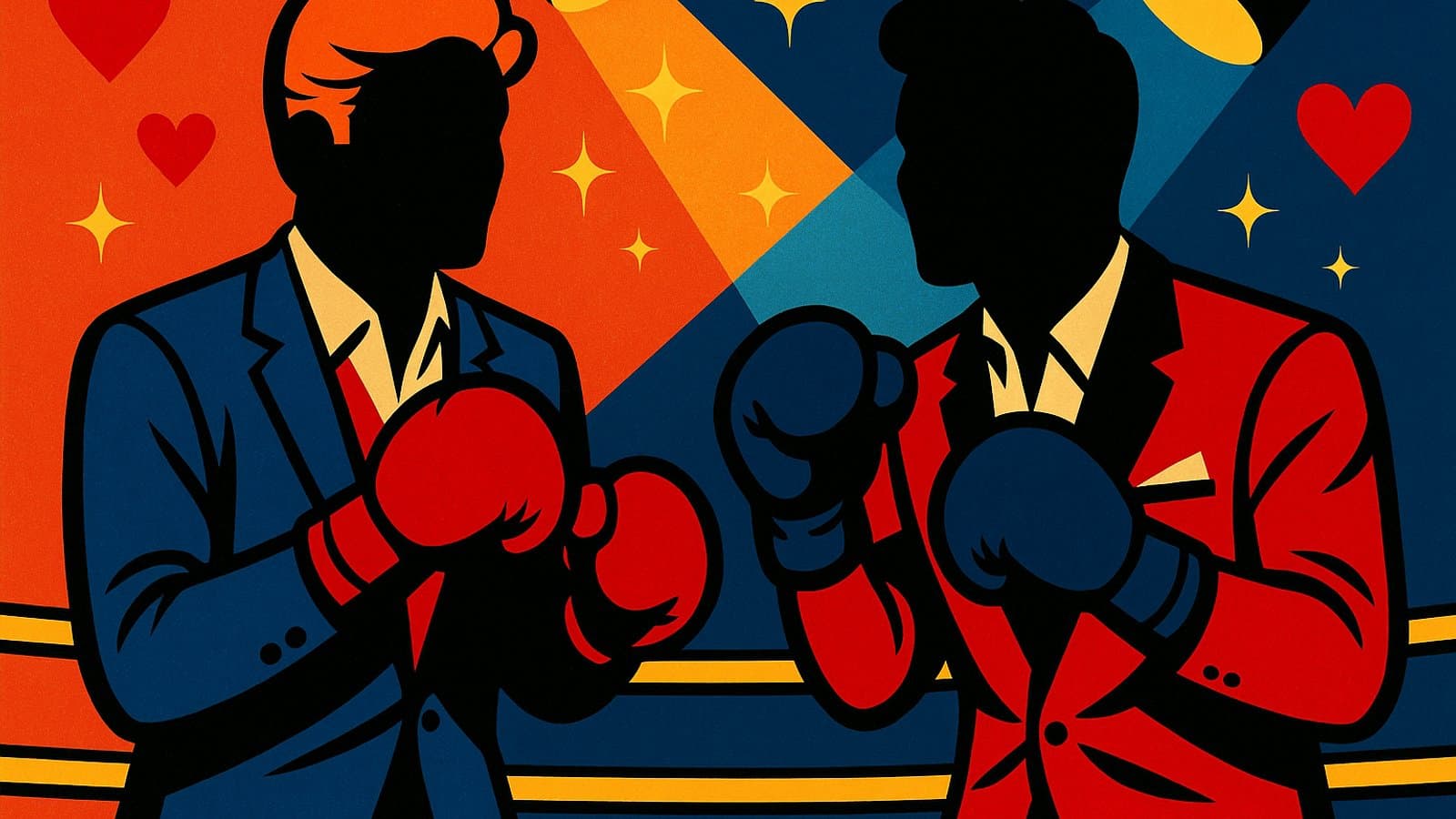Pop-art boxing ring with two glamorous faceless silhouettes facing off under spotlights and floating hearts
