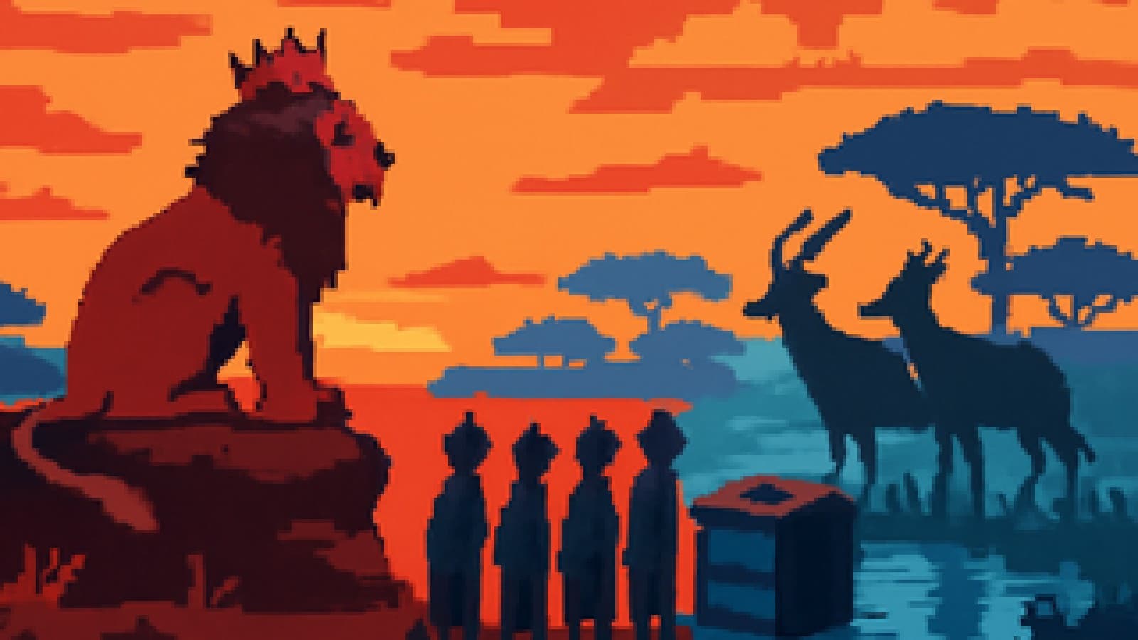Pixel-art lion wearing a crown on a rock at a savannah waterhole, watched by meerkats and antelopes standing around a ballot box