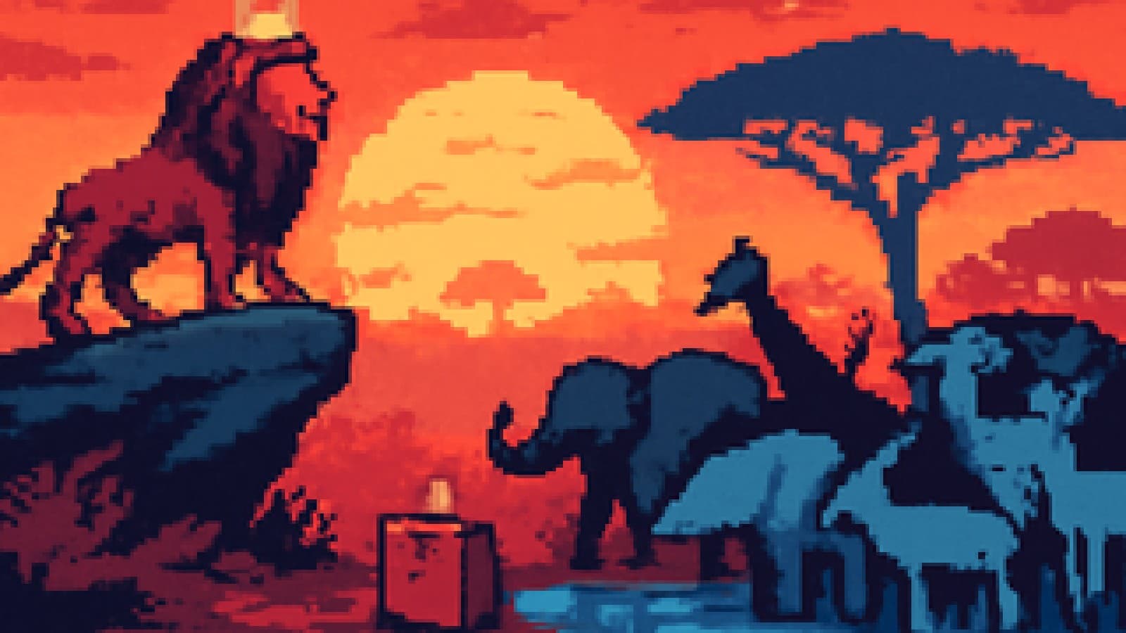 Pixel-art crowned lion at sunset as a herd of animals gathers around a ballot box at a waterhole