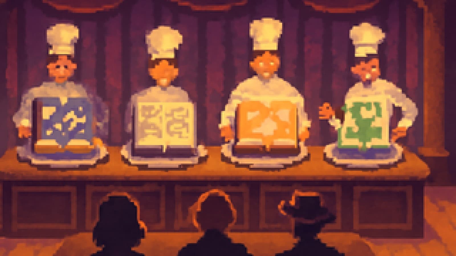 Pixel-art cooking show with four books served on plates at competing chef stations