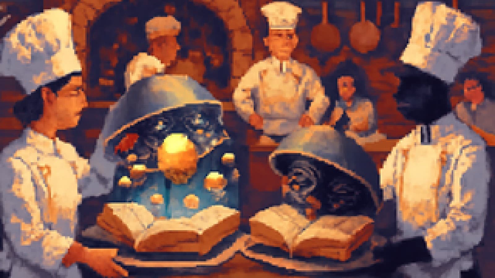 Pixel-art cooking contest with a glowing science book served on a platter beside a literary novel