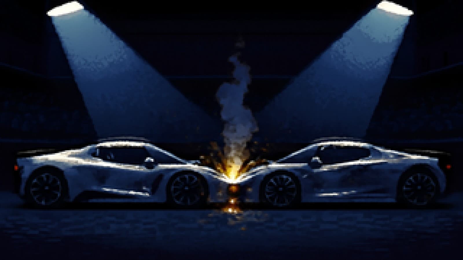 Two sleek hypercars facing off under spotlights in a dark showroom, like rivals before a fight.
