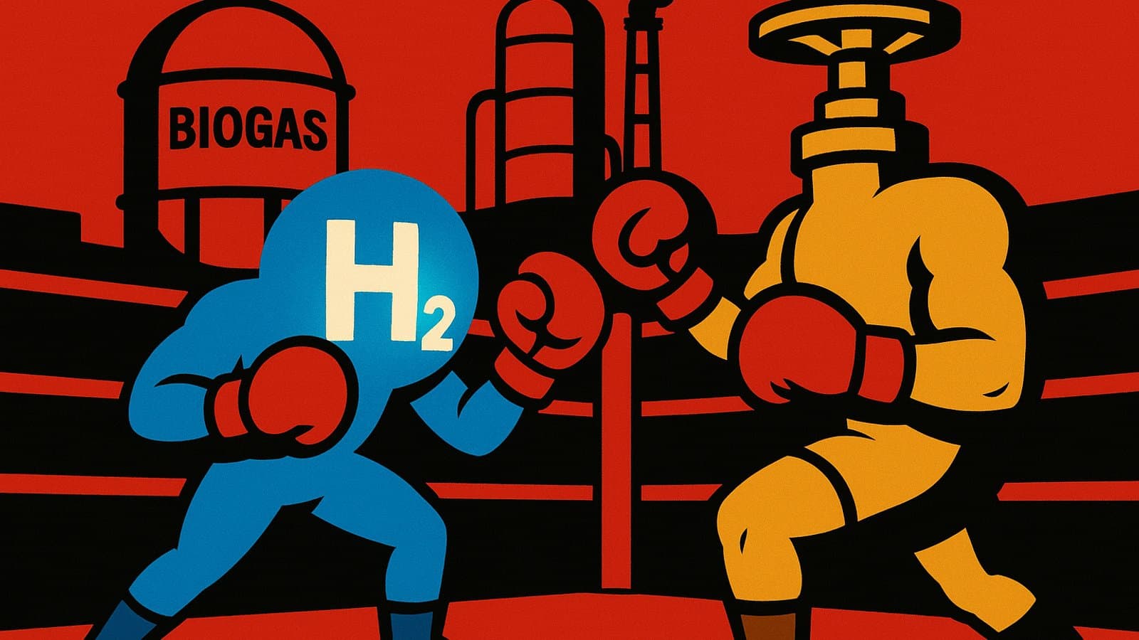 Illustration of a hydrogen molecule and a natural gas pipeline facing off in a boxing ring, with other energy options watching from the ropes