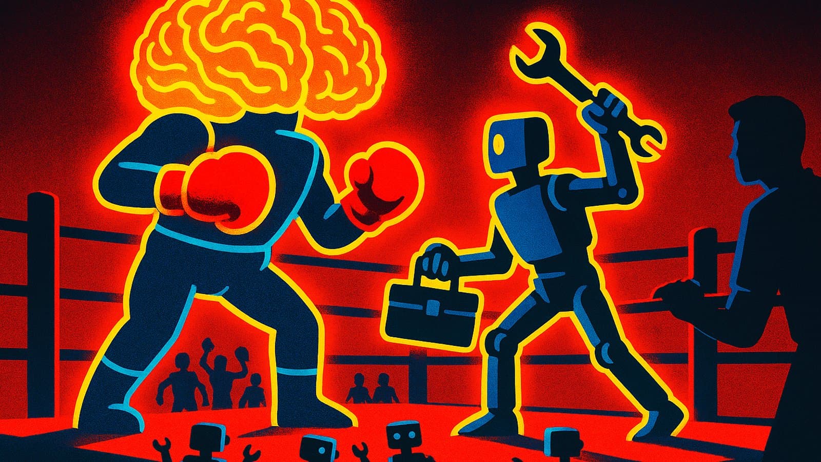 Cartoon boxing match between a brain-shaped AI robot and a tool-carrying robot, with other AI agents looking on from ringside.