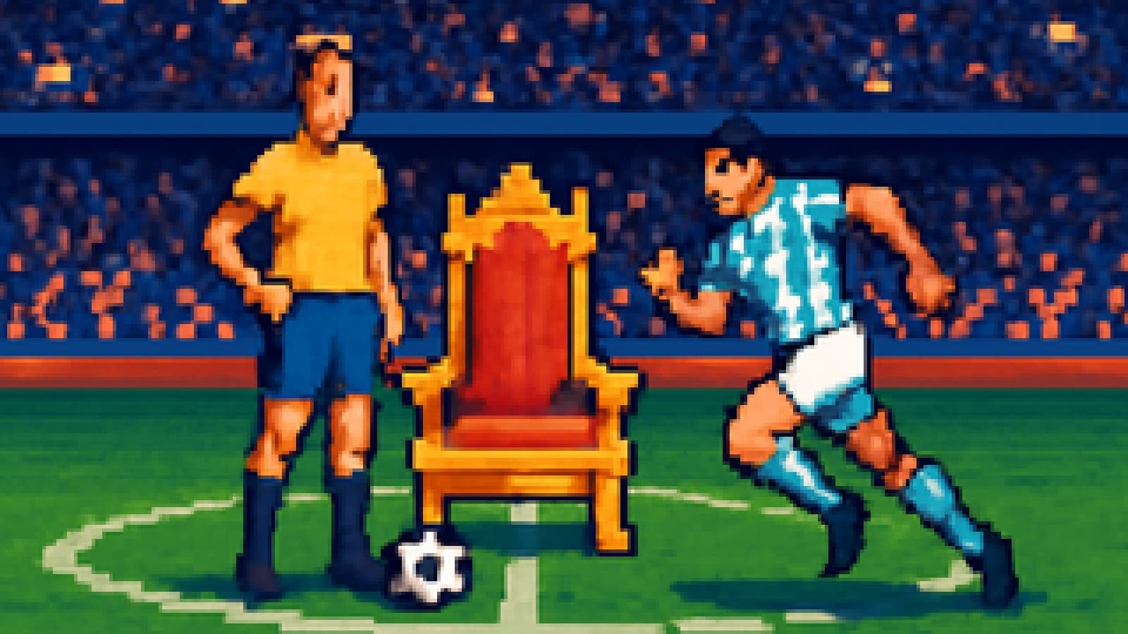Pixel-art stadium with a golden throne on the centre circle, a vintage footballer beside it and a modern player running toward it