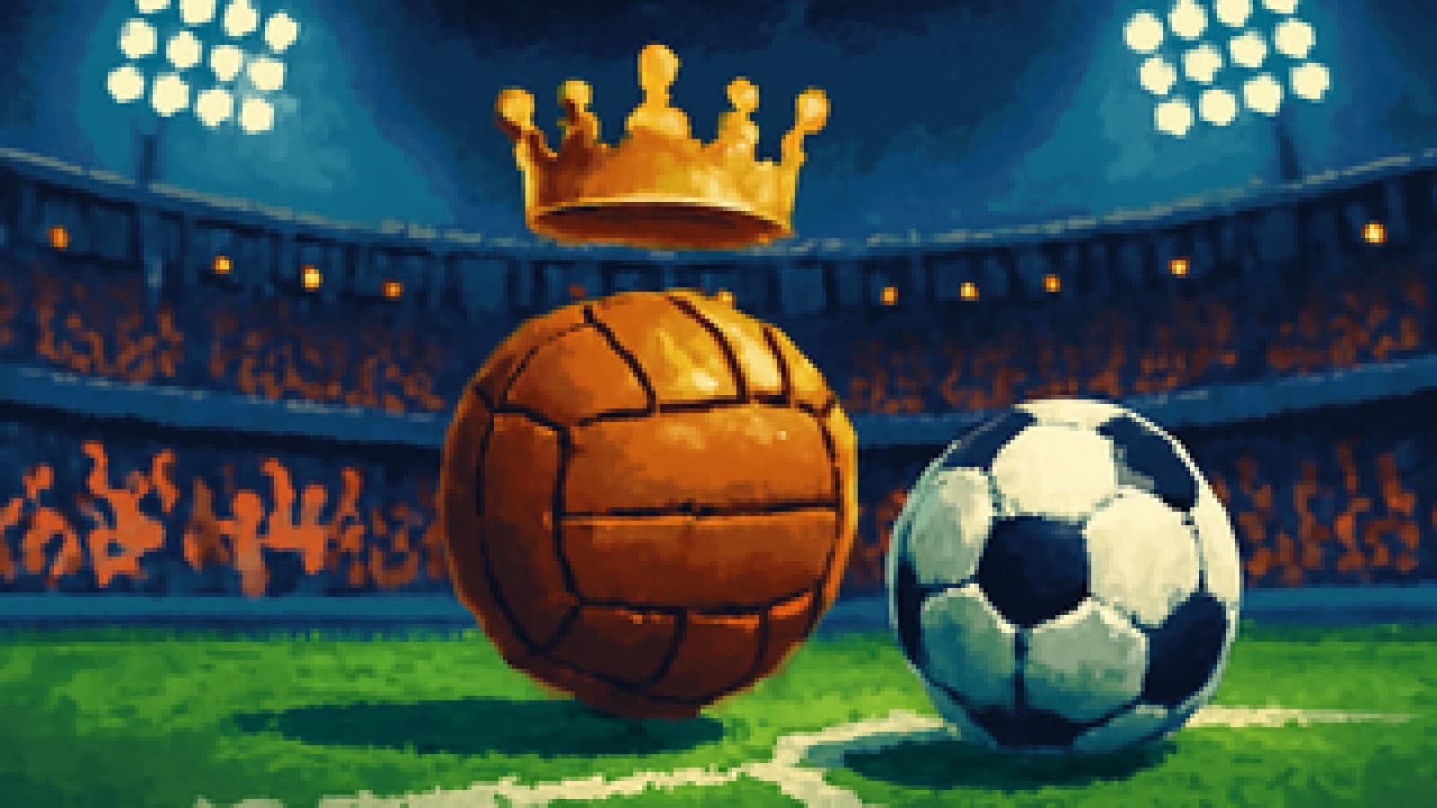 Pixel-art stadium with a golden crown above a vintage football and a modern ball rolling toward it
