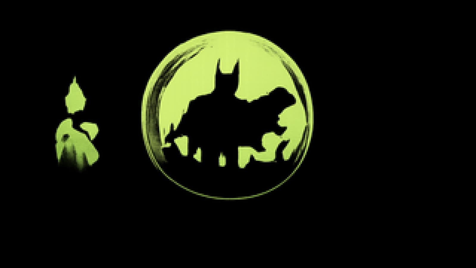 Pixel-art crystal ball showing a caped silhouette over a misty city, with a purple and green card face down on the table.