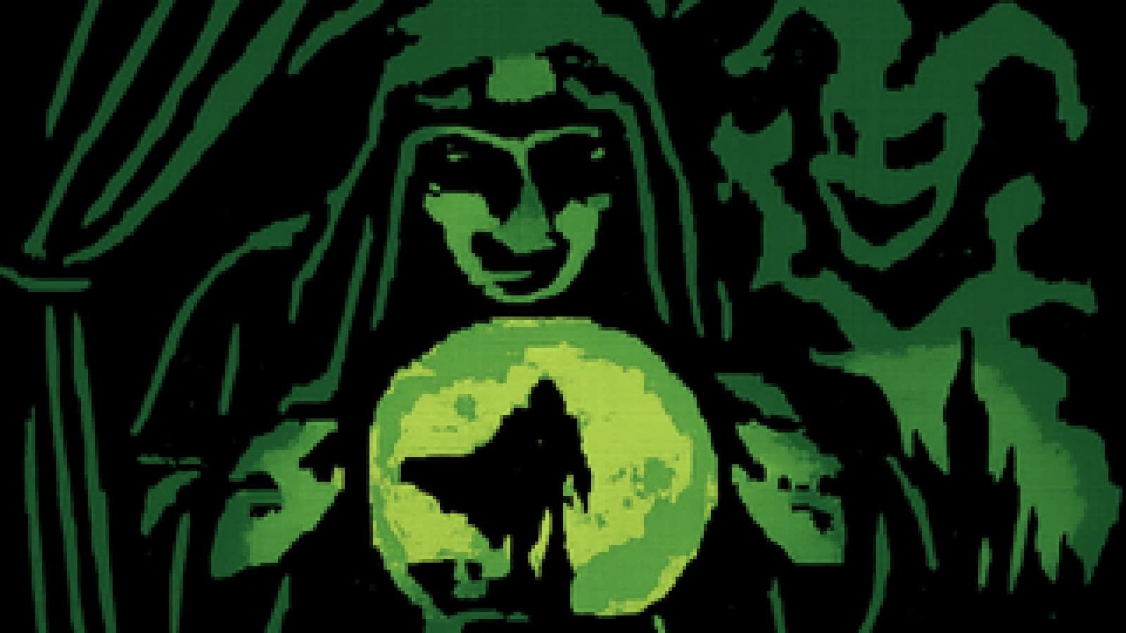 Pixel-art crystal ball showing a caped hero on a rooftop as a grinning jester figure fades into the mist.