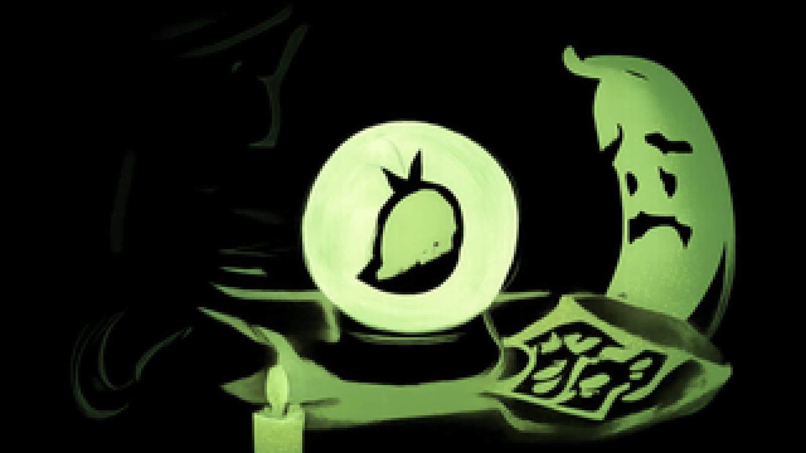 Pixel-art crystal ball showing a crowned mango, with a drooping banana beside tarot cards on a candlelit table
