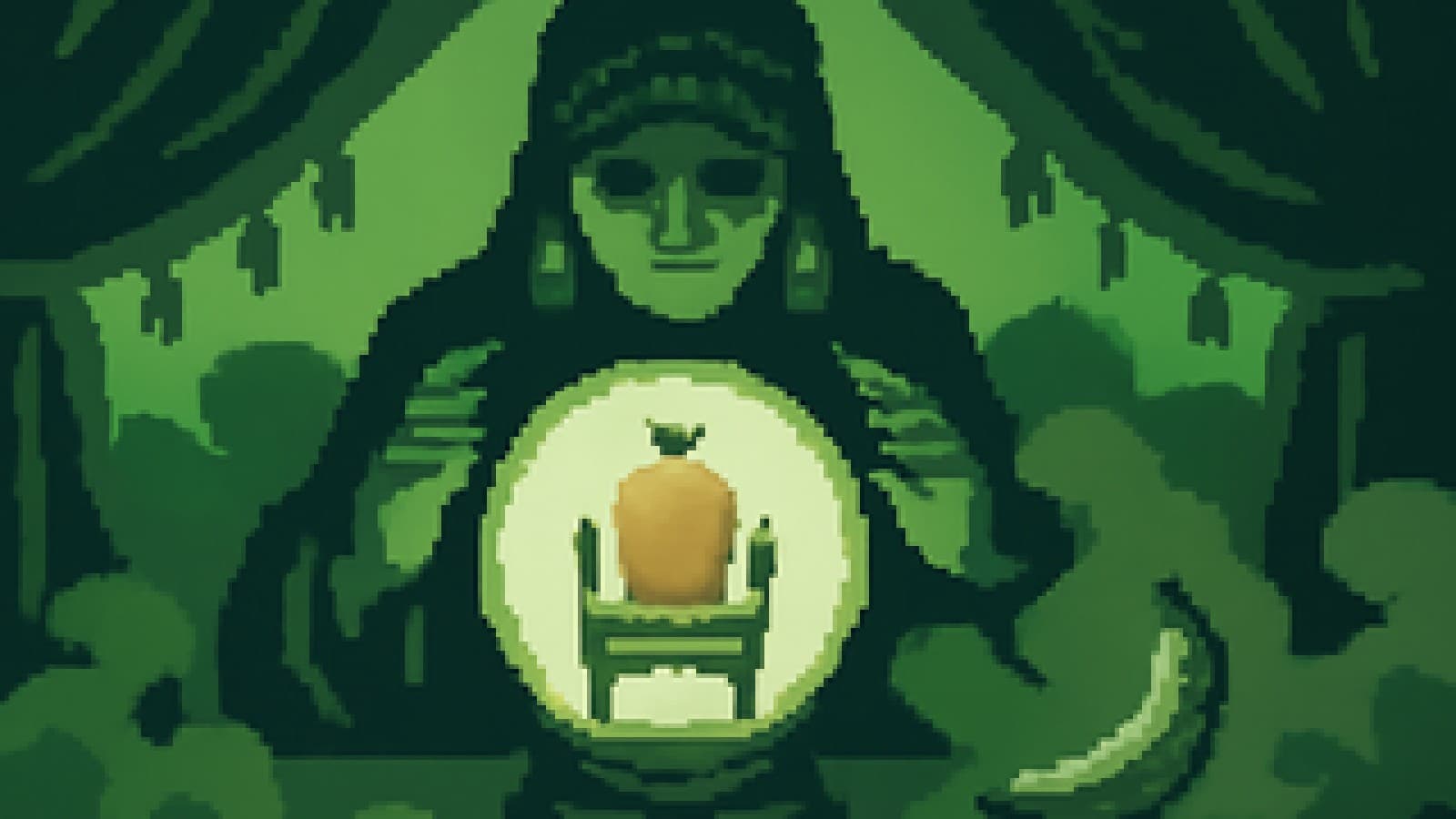 Pixel-art crystal ball in a smoky tent showing a mango on a throne and a banana fading into the mist
