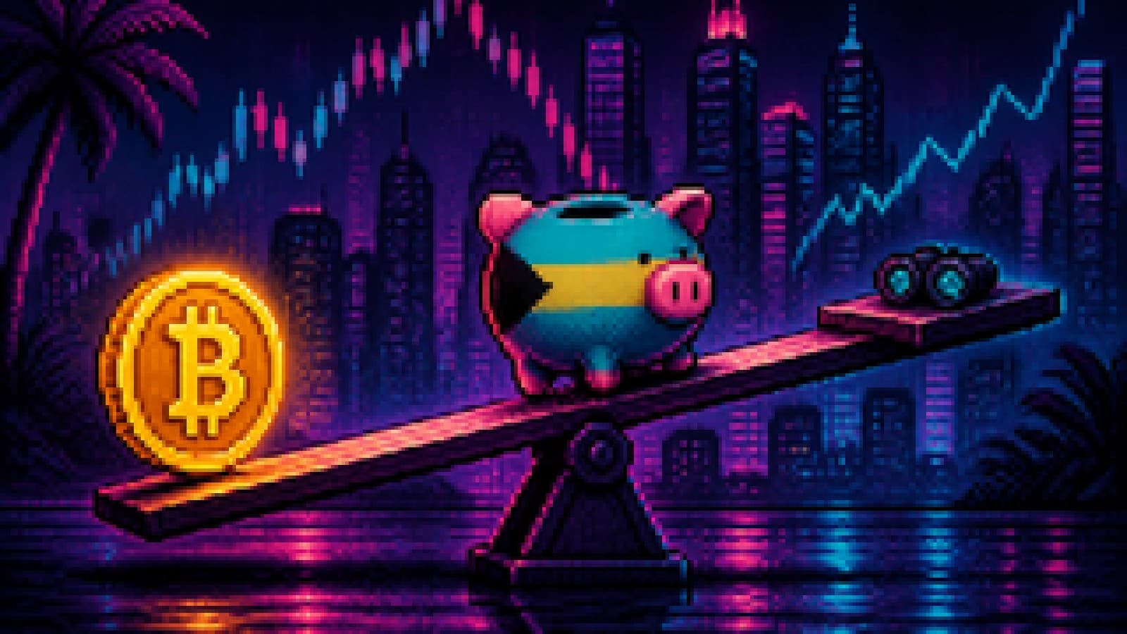 Illustration of a piggy bank and golden bitcoin coin balanced on a seesaw above falling chart lines