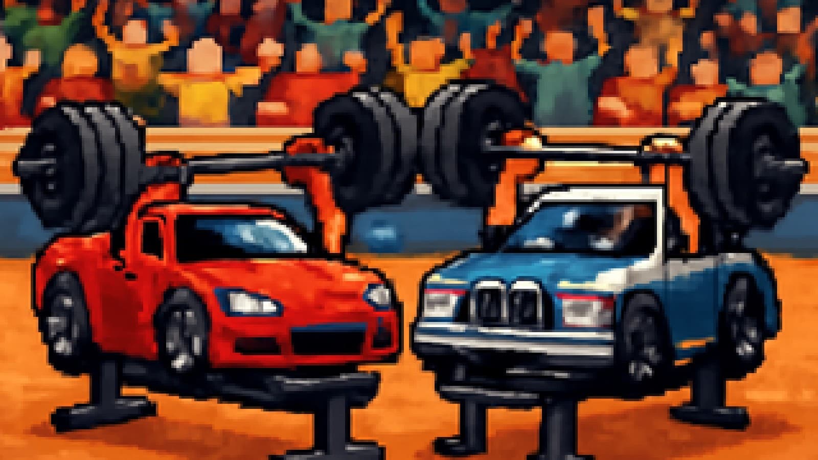 Pixel art of a red sports car and a blue-white sedan lifting barbells in a gym while a crowd cheers