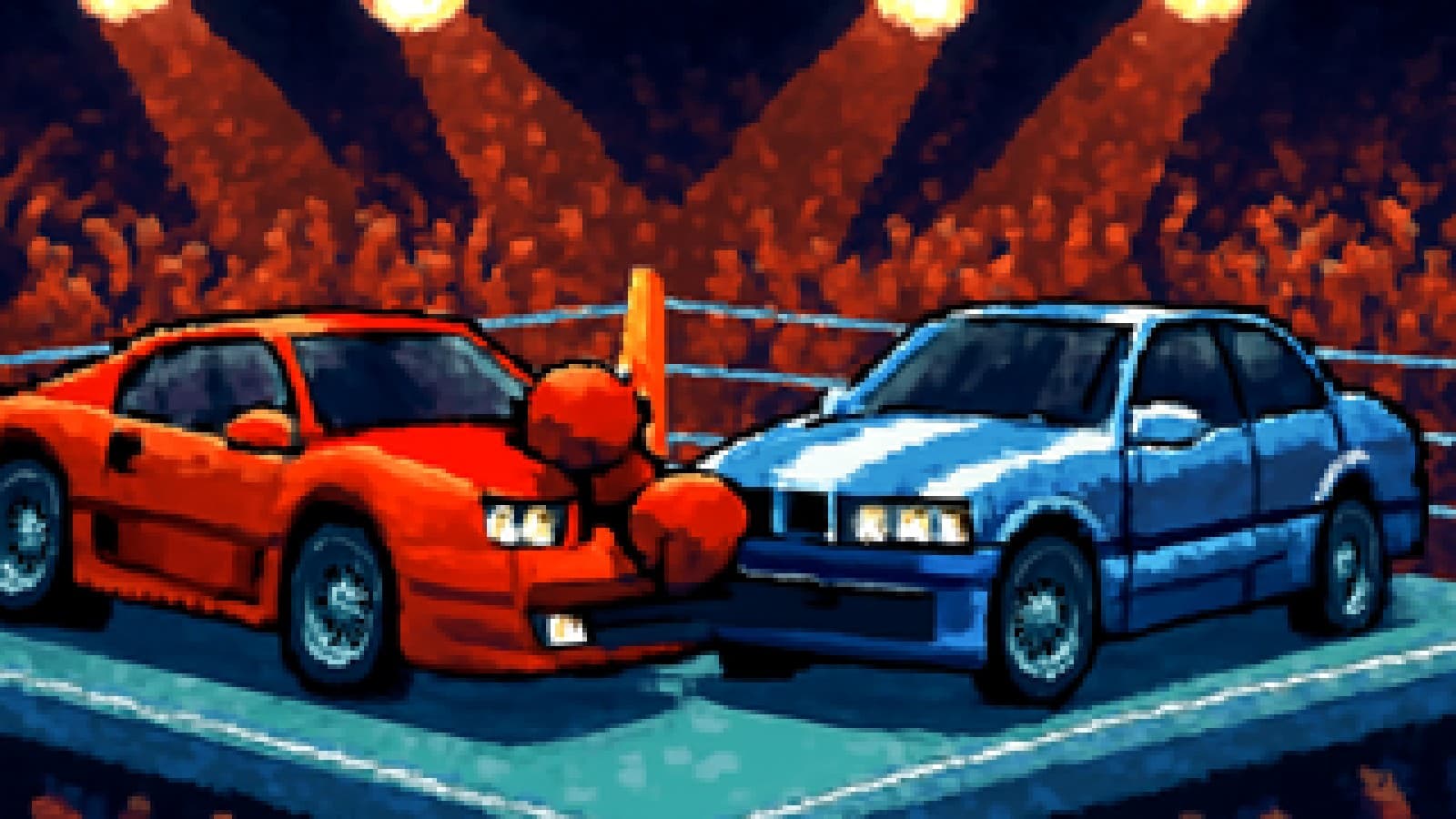 Pixel art of a red sports car and a blue-white sedan squaring off in a boxing ring in front of a cheering crowd
