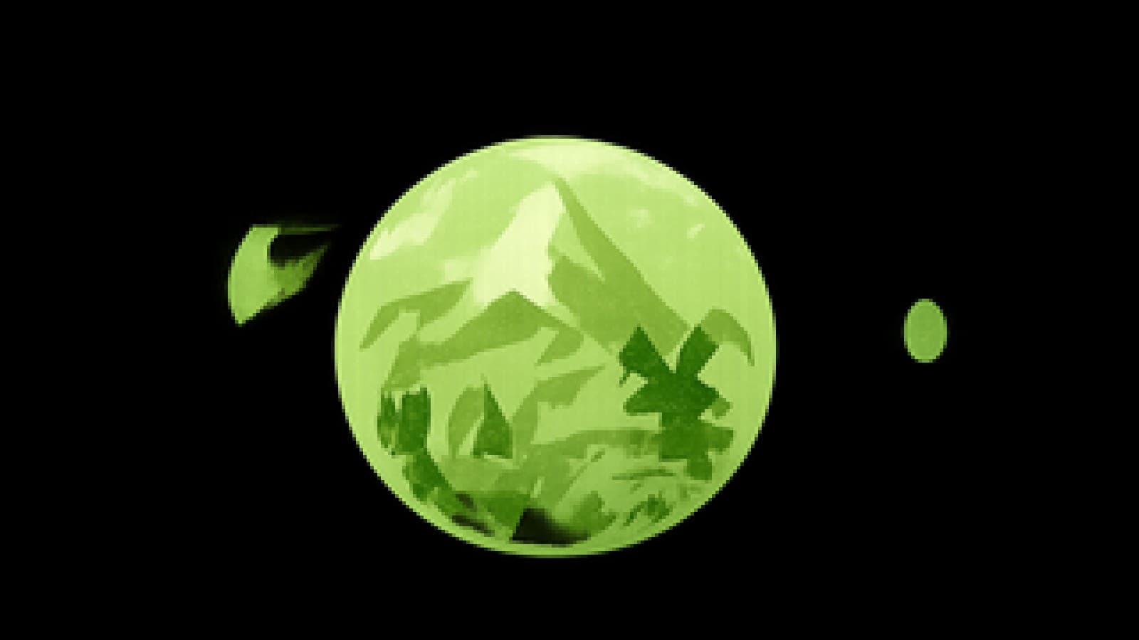 Pixel-art crystal ball showing snowy mountains, with a windmill and tulips floating in the mist around it
