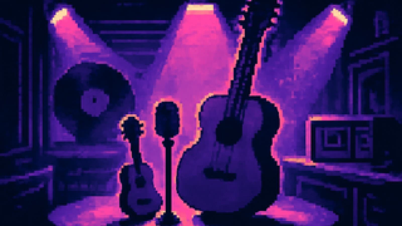 Pixel art of an acoustic guitar and a ukulele facing each other on a spotlit radio studio stage.