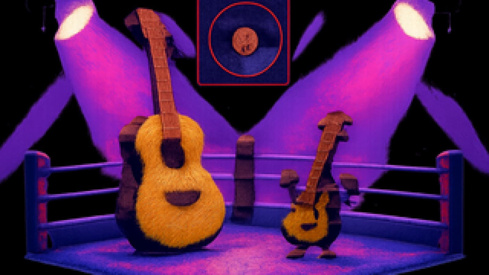 Pixel art of an acoustic guitar and a ukulele squaring off in a neon-lit boxing ring under a spinning vinyl record.