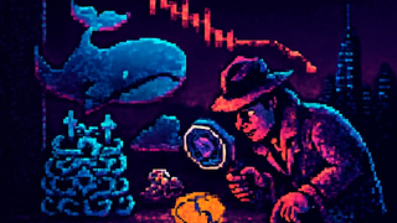 Pixel-art detective examining a cracked coin while a whale, a storm cloud, a gavel and tangled chains stand in a suspect lineup under a falling red chart.