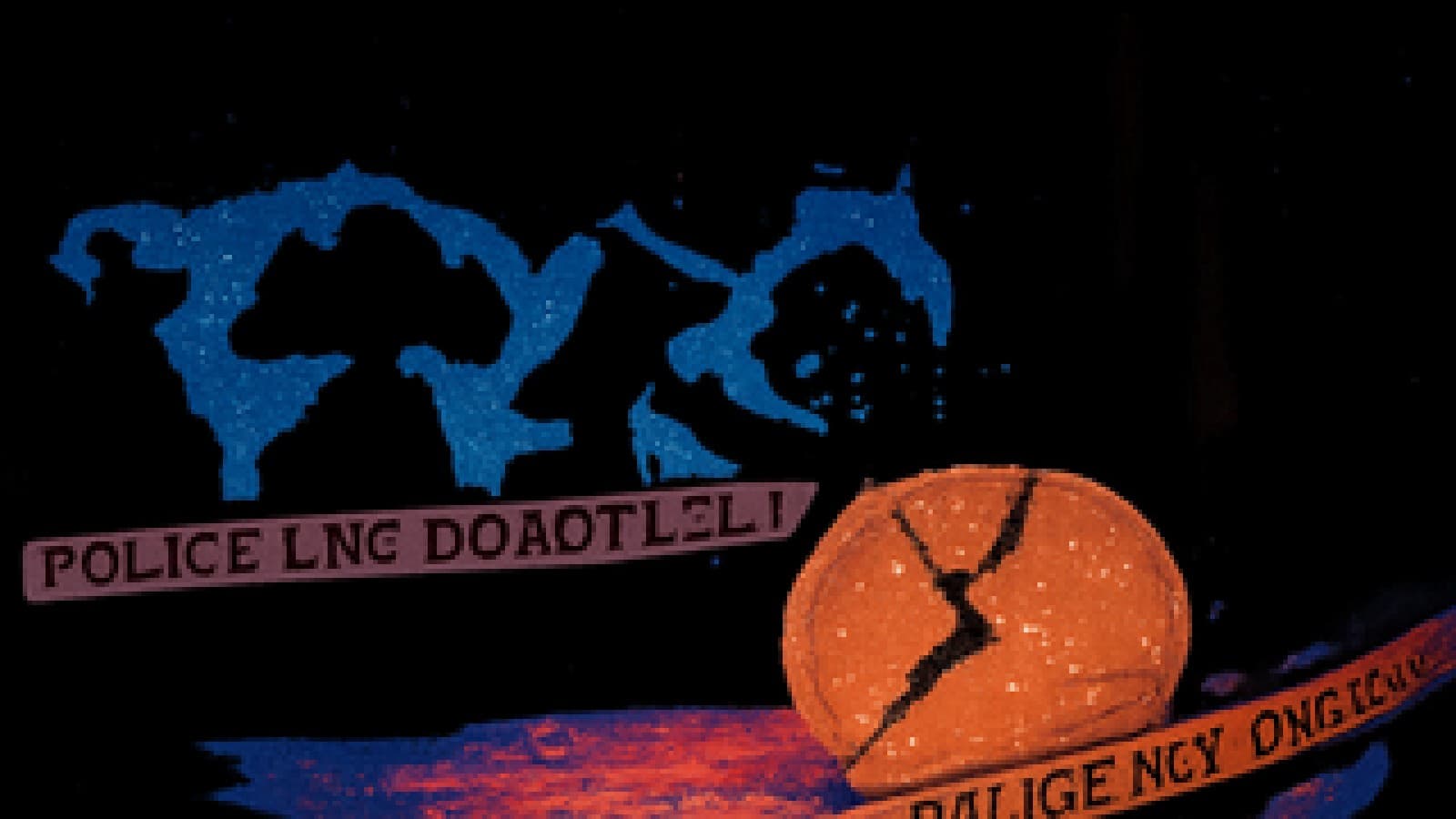 Pixel-art cracked orange coin at the foot of a falling red chart, surrounded by crime-scene tape and a lineup of symbolic suspects.