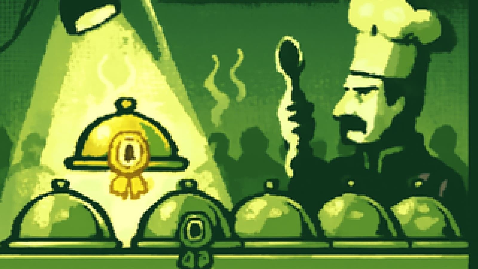 Pixel-art cooking show table with five covered dishes, one spotlighted with a gold ribbon, as a chef judge raises a spoon.
