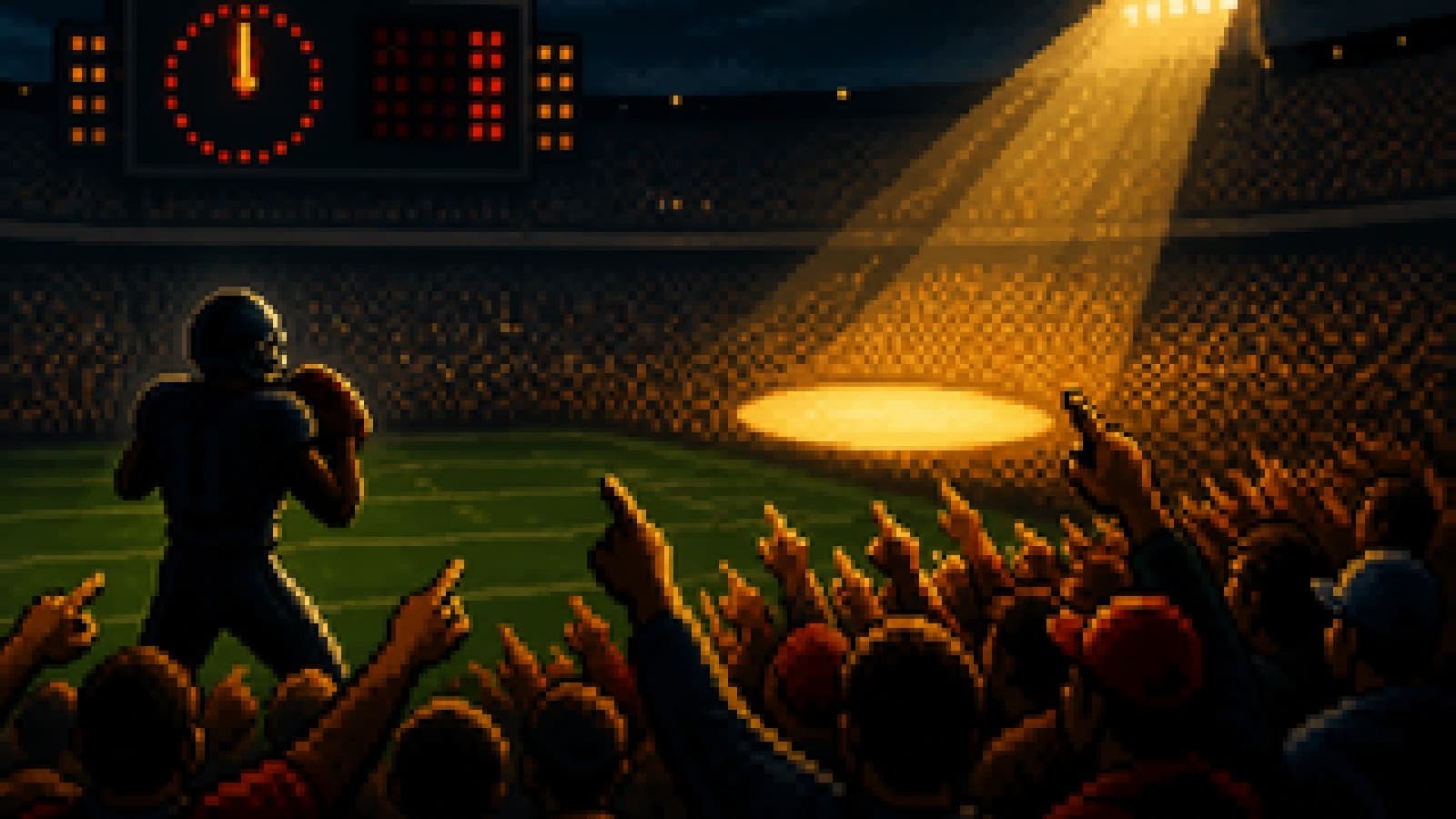 Illustration of a stadium clock in its final seconds, fans pointing to a quarterback silhouette away from the spotlight.