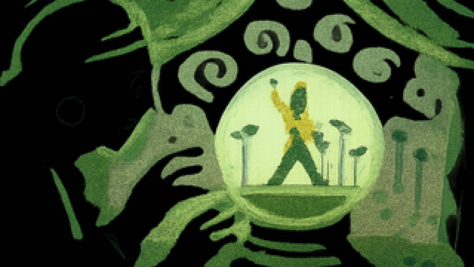 Pixel art crystal ball showing a crowned rock singer on stage, with four microphone stands fading into mist.