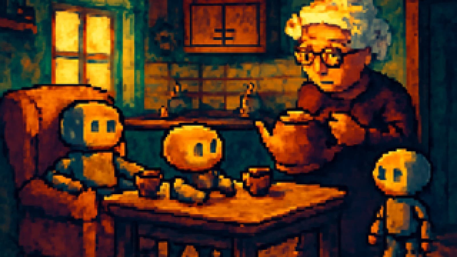 Pixel-art of three small robots in a homely kitchen being watched by a grandmother holding a teapot.