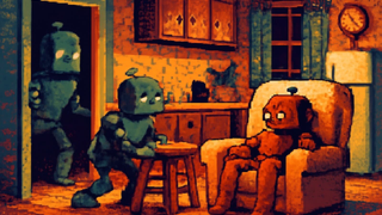 Pixel-art of three friendly robots competing for seats at a homely kitchen table.