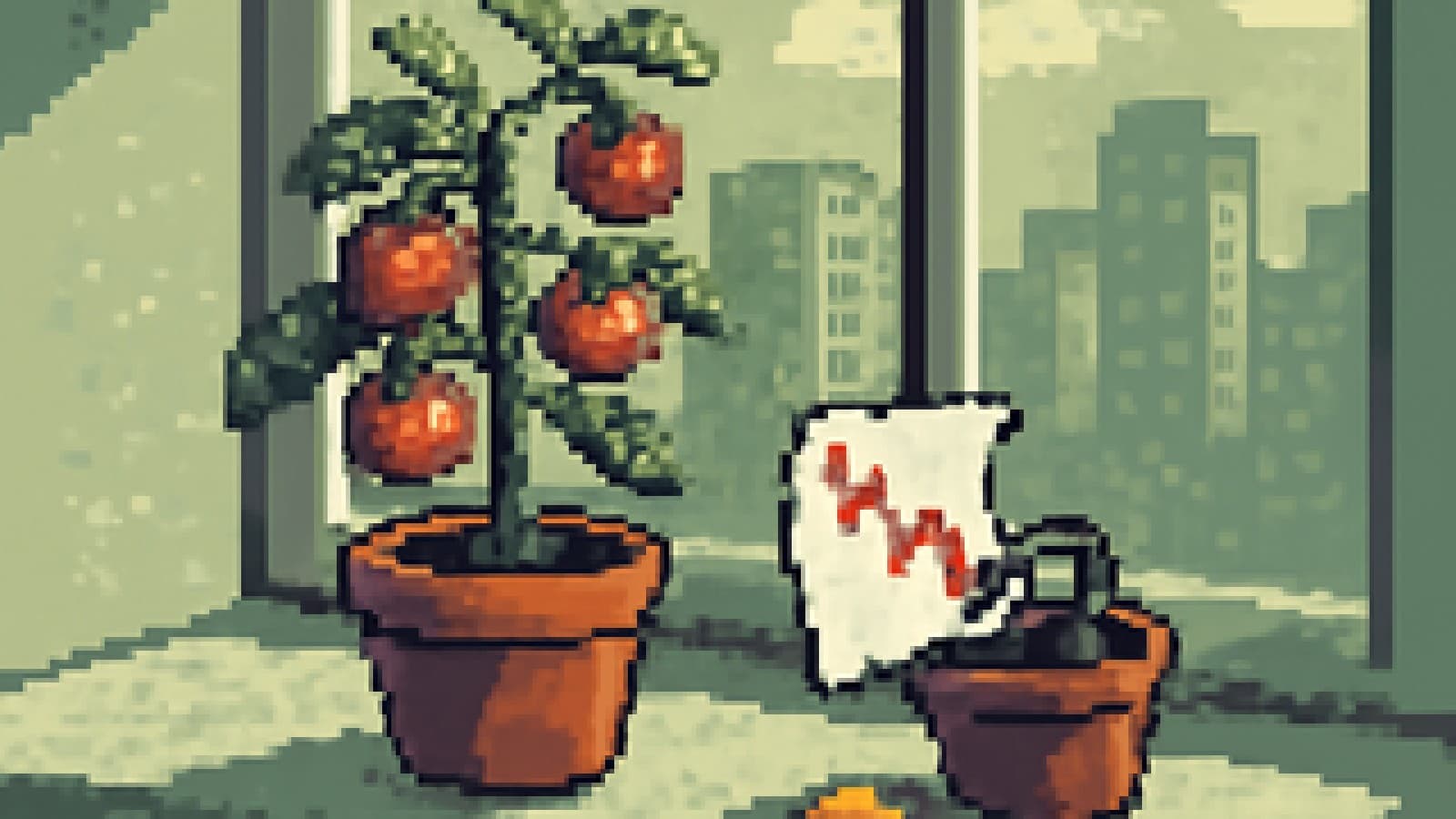 Pixel-art windowsill with a flourishing potted tomato plant beside a drooping paper chart and a lonely coin in an empty pot.