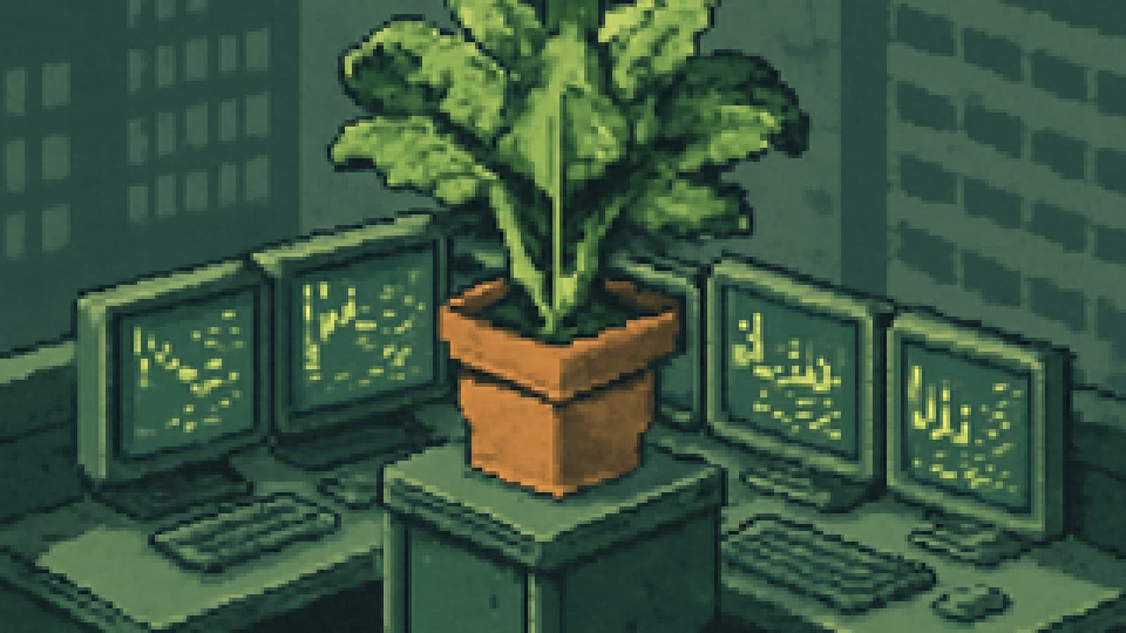 Pixel-art potted vegetable plant thriving on a trading desk in front of dim financial monitors.