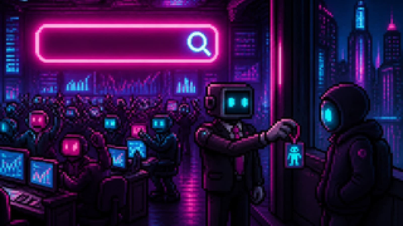 Illustration of a trading floor where a huge search bar dominates the wall while traders hand a robot identity badge to another figure