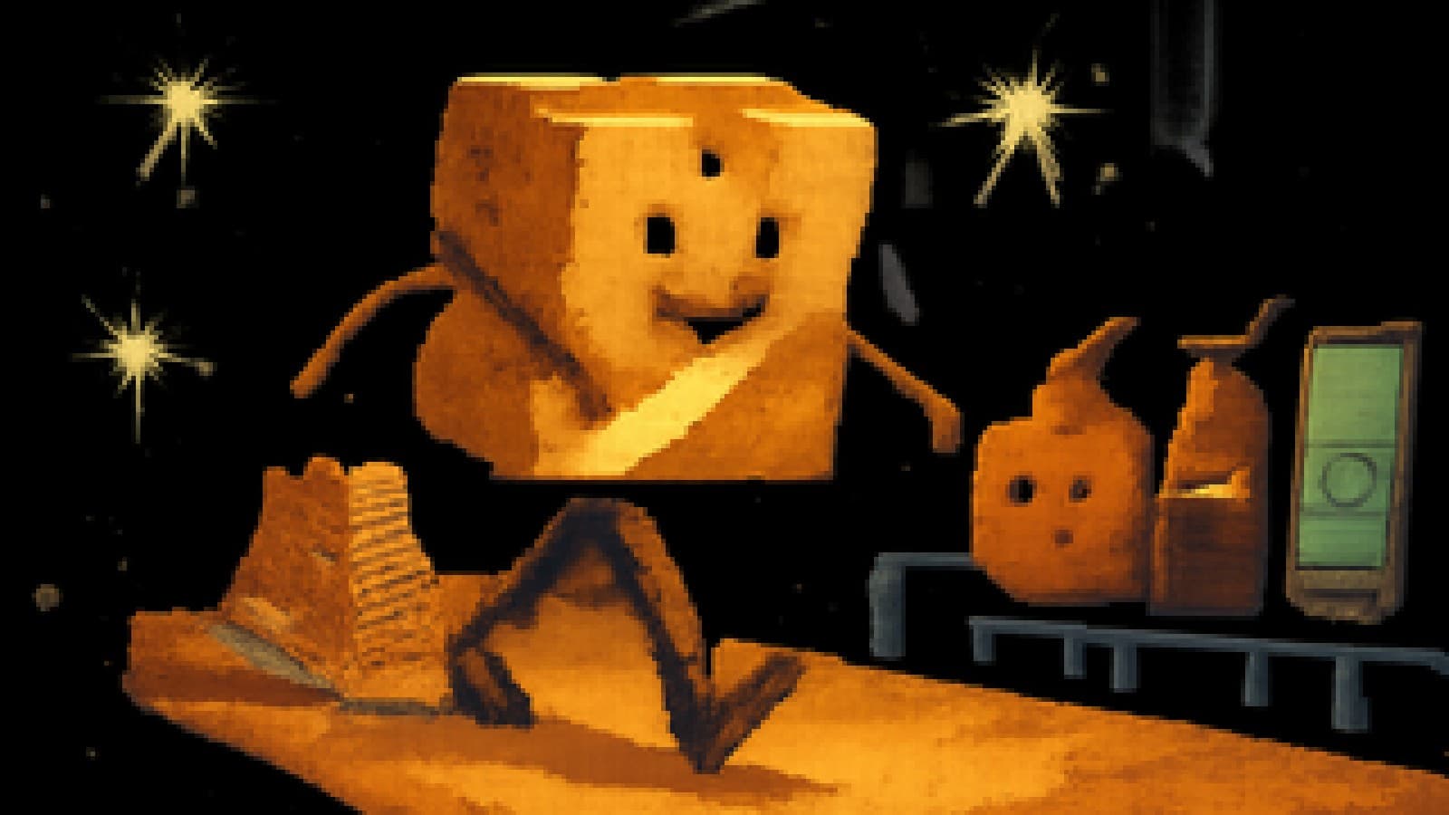 Pixel-art runway where a cardboard box leads a sneaker while an apple, soda bottle and phone look on