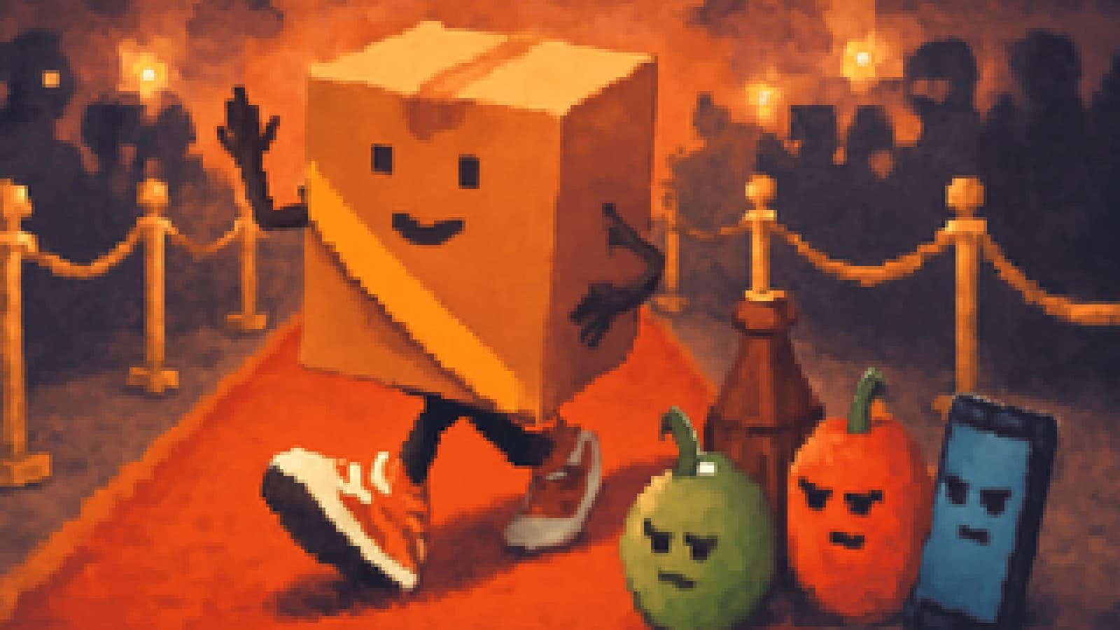 Pixel-art red carpet with a cardboard box in a sash out front, a sneaker behind it, and an apple, soda bottle and phone watching