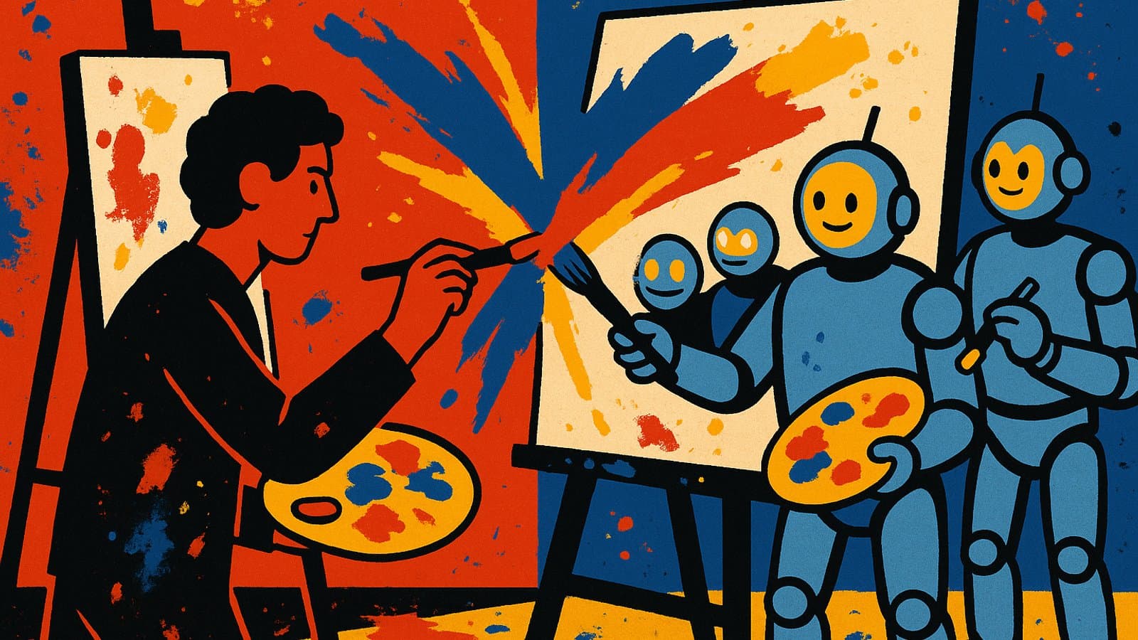 A human painter and a group of robots painting in a shared studio, with their brushstrokes meeting in the middle