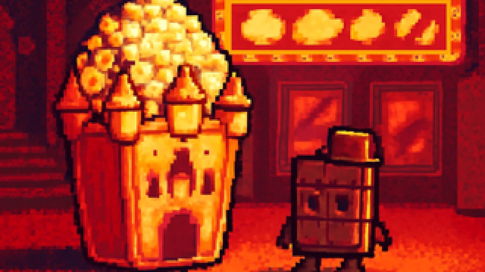 pixel art of a giant castle-shaped popcorn bucket looming over a small chocolate bar in a top hat in a cinema lobby