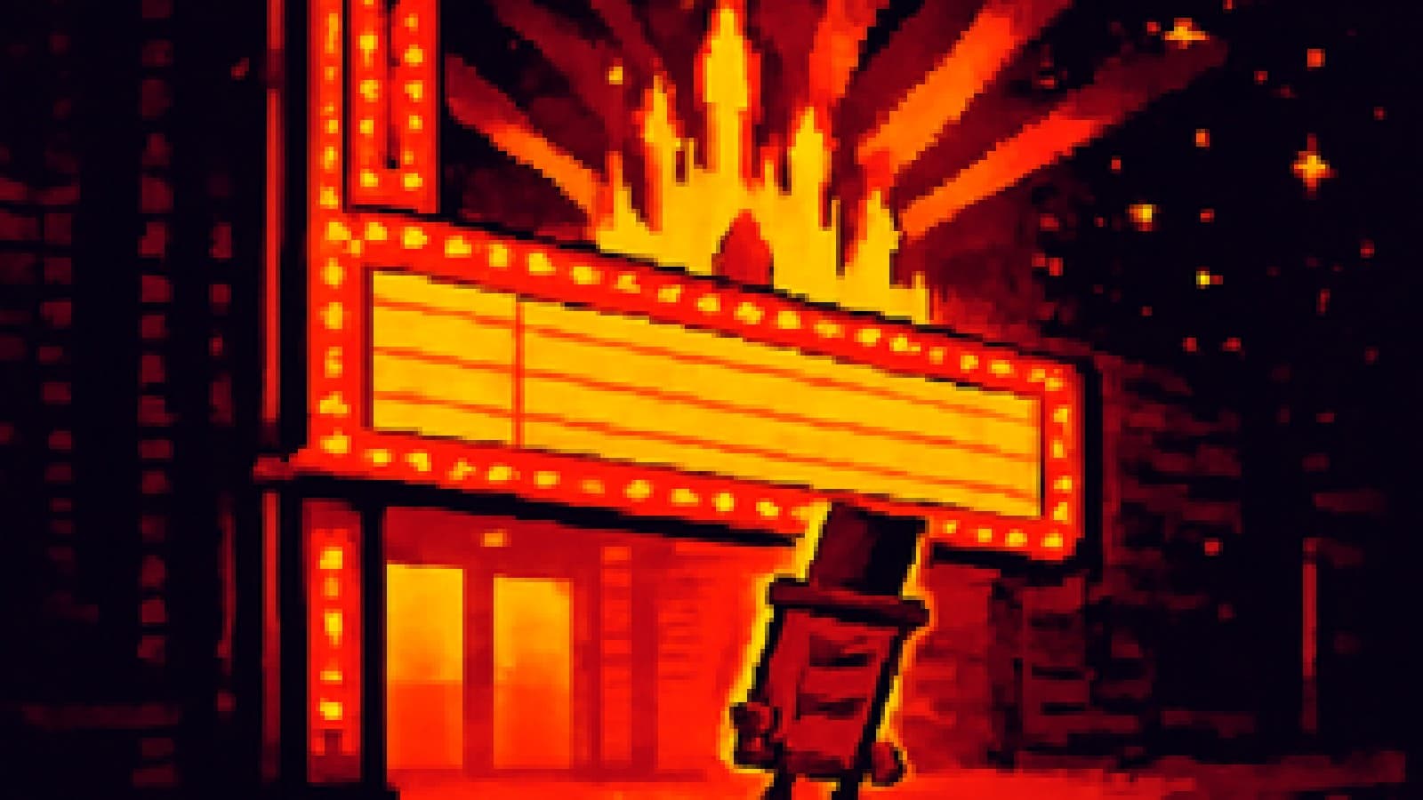 pixel art of a cinema at night with a sparkling castle silhouette in the spotlight and a sad chocolate bar in a top hat on the sidewalk