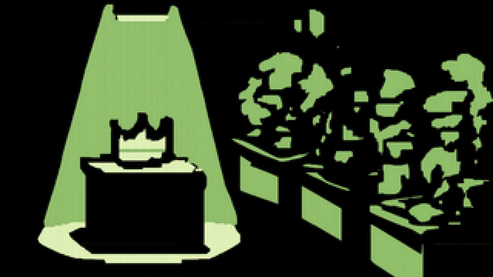 Pixel-art cooking studio where a crown sits on an empty, unlit station while busy rival stations steam in the background.