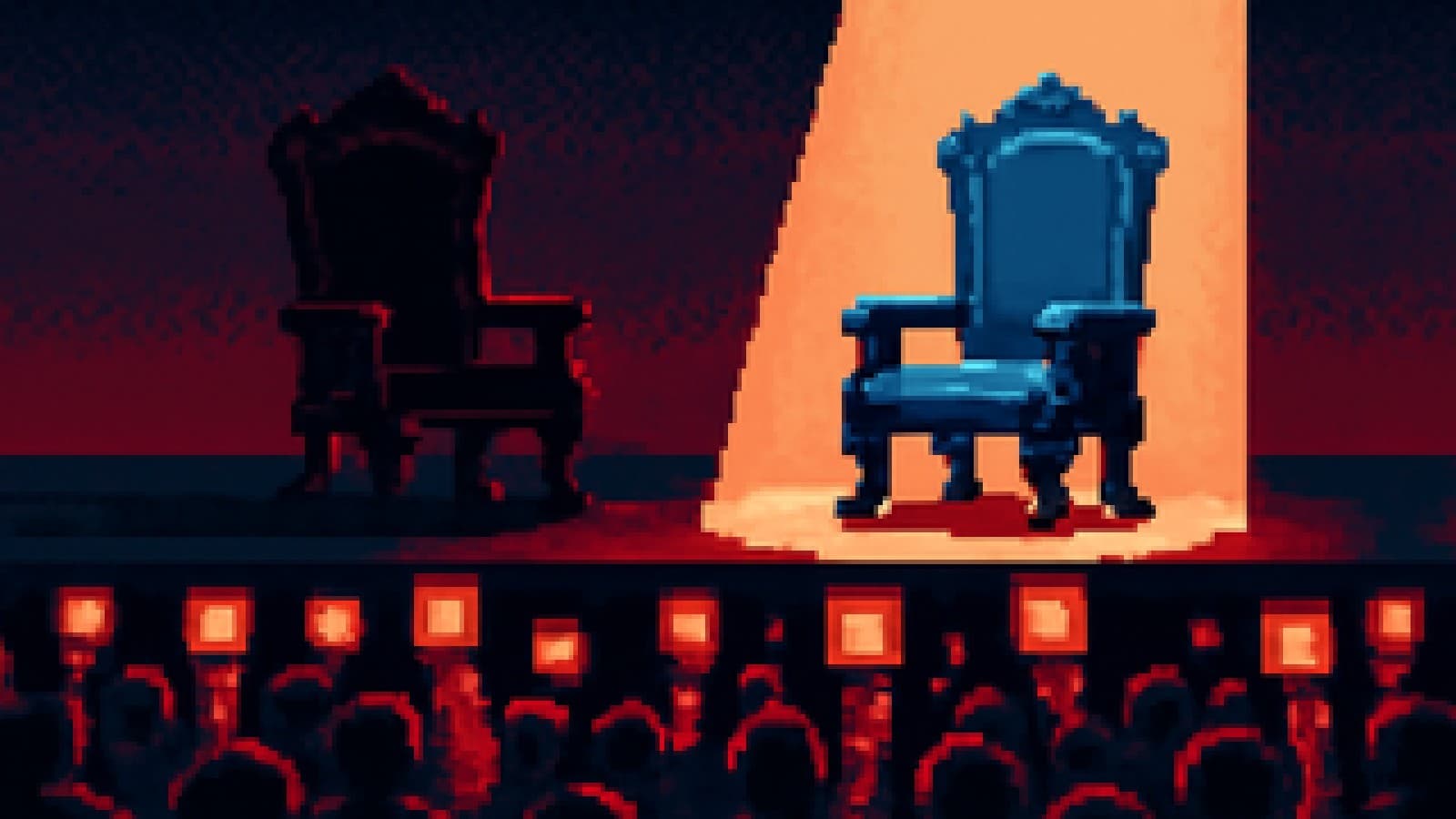 Pixel-art stage with two ornate chairs, one lit by a spotlight and cheered by a crowd with lanterns, the other in shadow.