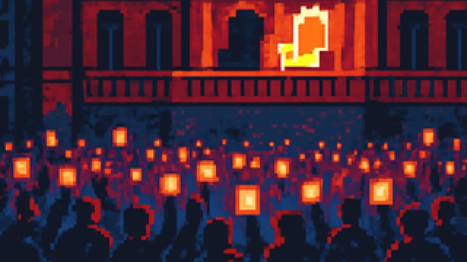 Pixel-art crowd in a square raising lanterns toward one lit chair on a balcony while a second chair stays in shadow.