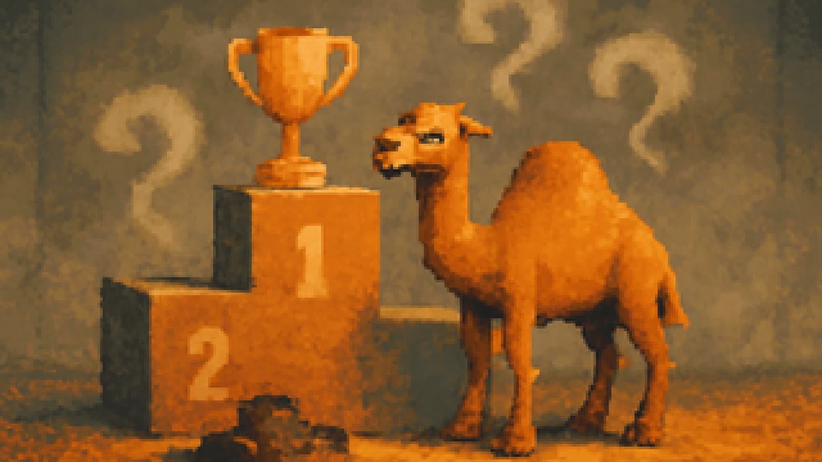 pixel-art podium in a smoky room with an annoyed camel in second place and a cowboy hat on the floor