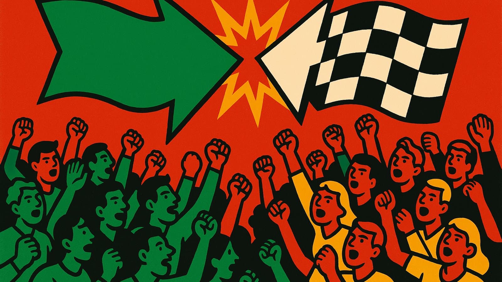 Illustration of a start flag and a finish flag clashing above a divided crowd