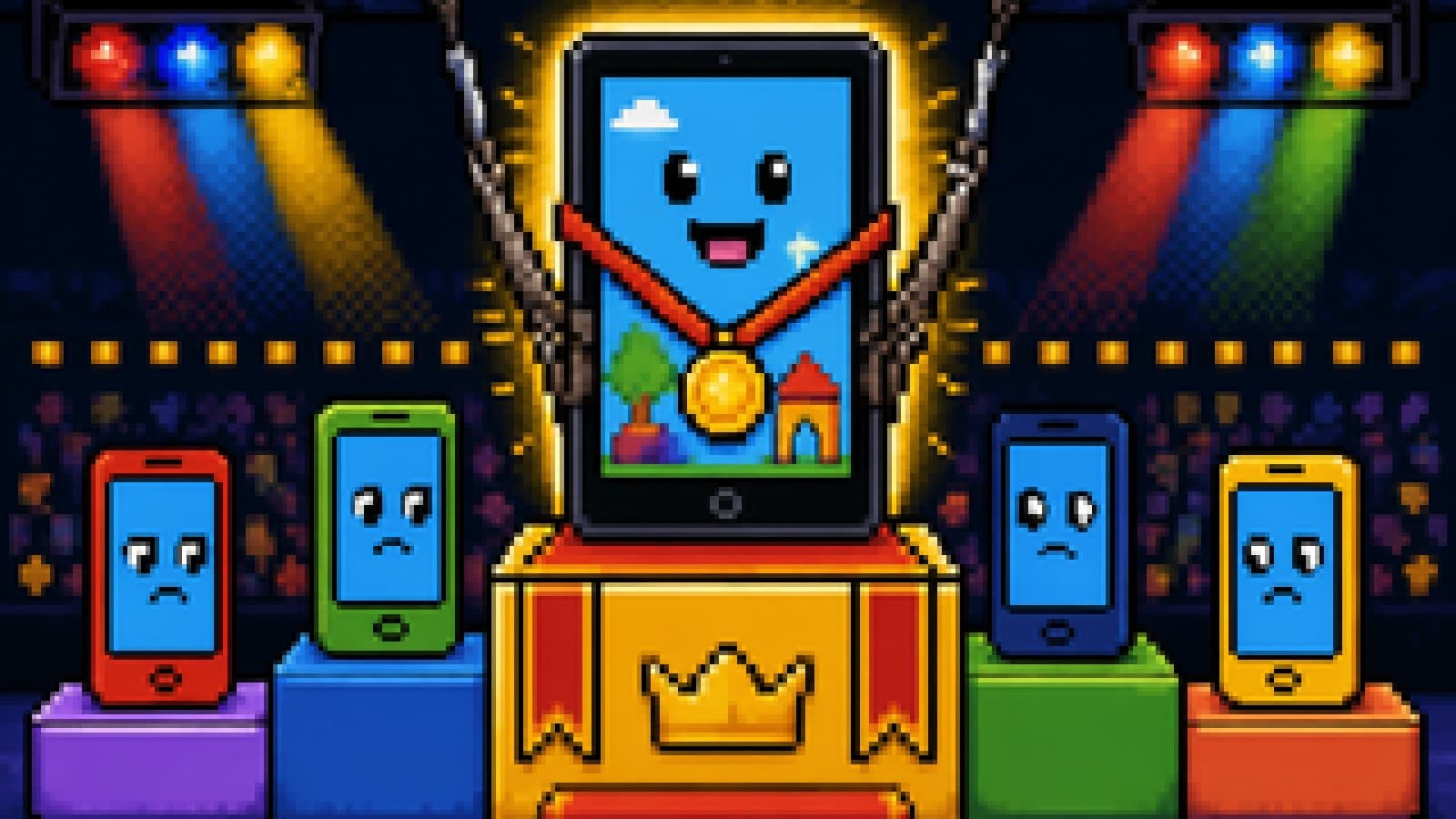 A child-friendly tablet wearing a medal and a worn safety harness stands on a winner's podium, with four smartphones on lower steps.
