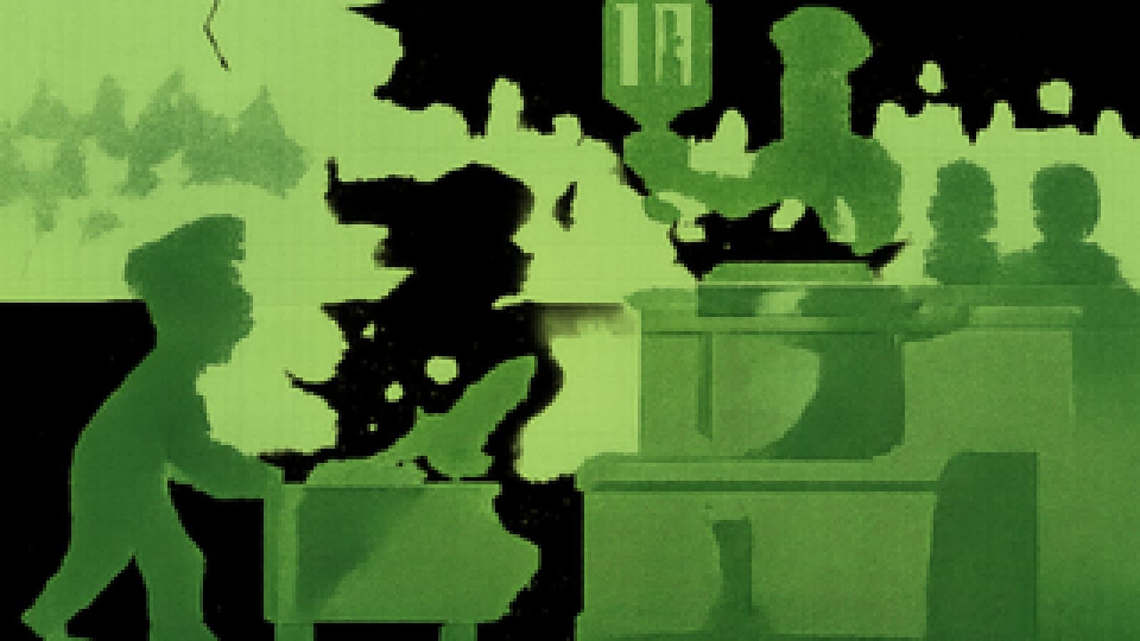 Pixel-art cooking competition stage where a slow-simmering pot with a shield emblem wins a golden spatula as a smoking rocket-shaped frying pan is wheeled away