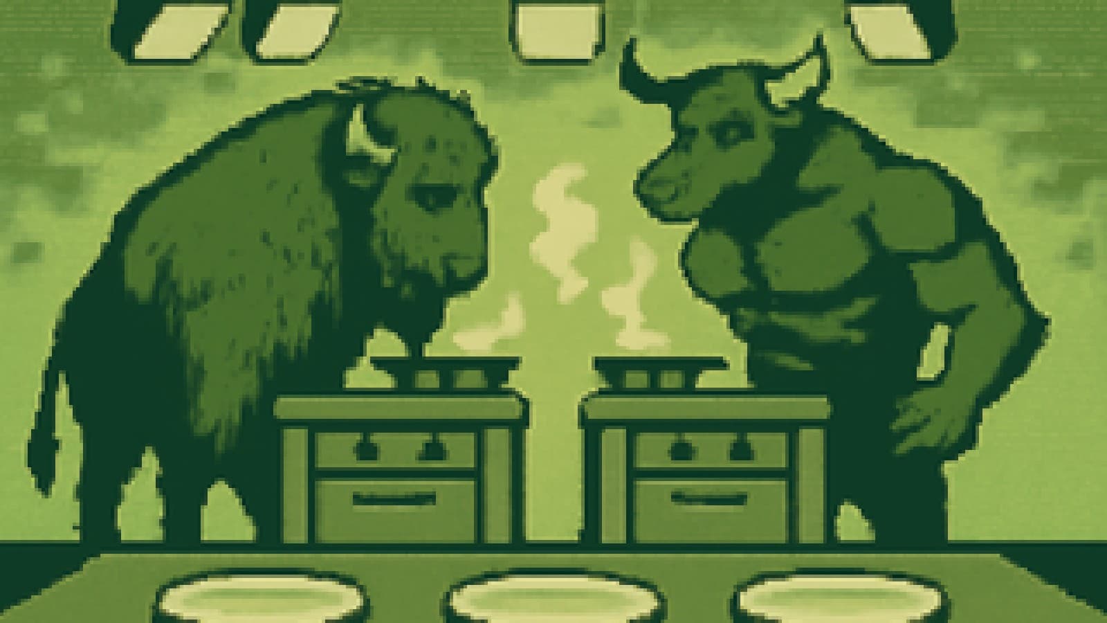 Pixel-art bison and bull facing off across cooking stations on a TV studio set.
