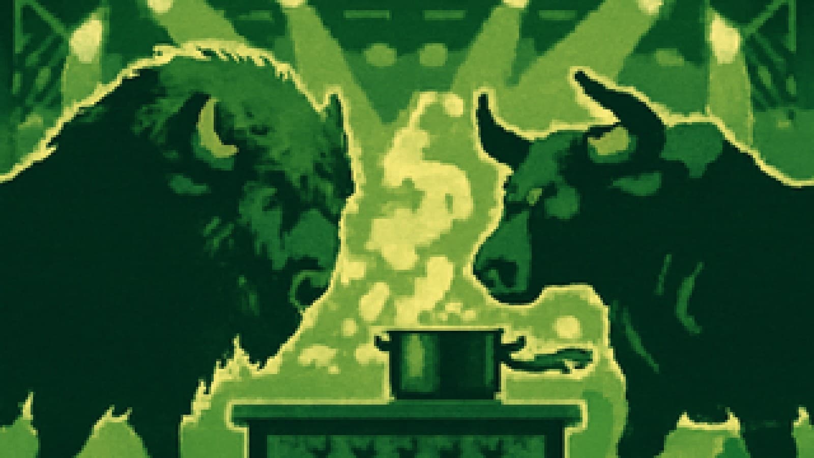 Pixel-art bison and bull squaring off across a kitchen counter on a brightly lit cooking-show stage.