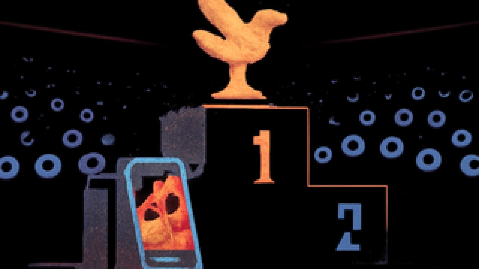 Pixel-art podium with a bird-shaped trophy in first place and a glowing phone in second, as a crowd of abstract app icons watches.