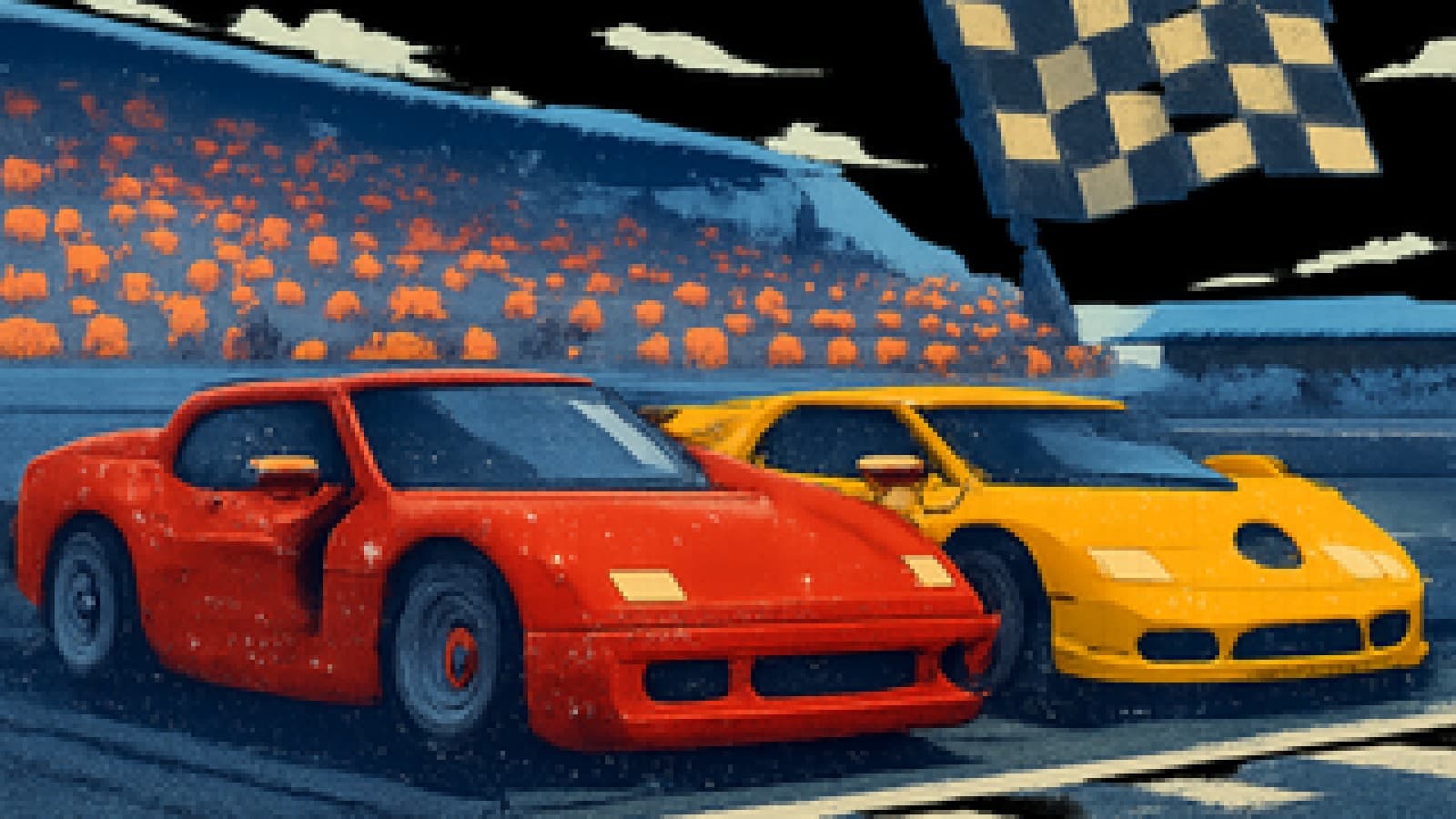 Pixel art of a red supercar and a yellow wedge-shaped supercar lined up on a starting grid in front of a cheering crowd.