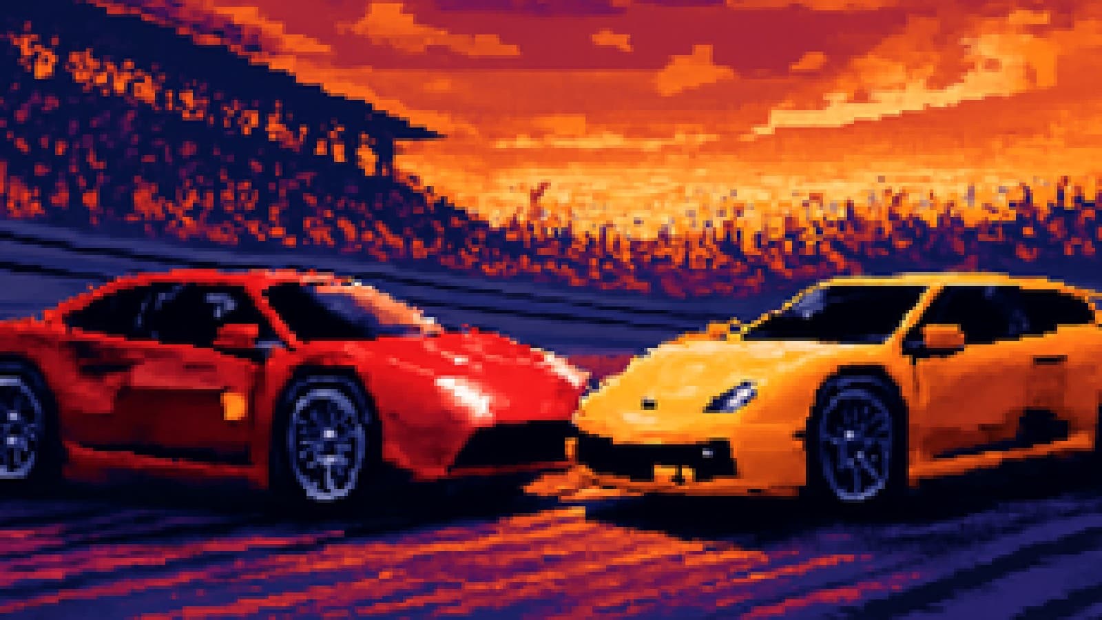 Pixel art of a red supercar edging ahead of an angular yellow supercar on a racetrack at sunset in front of a cheering crowd.