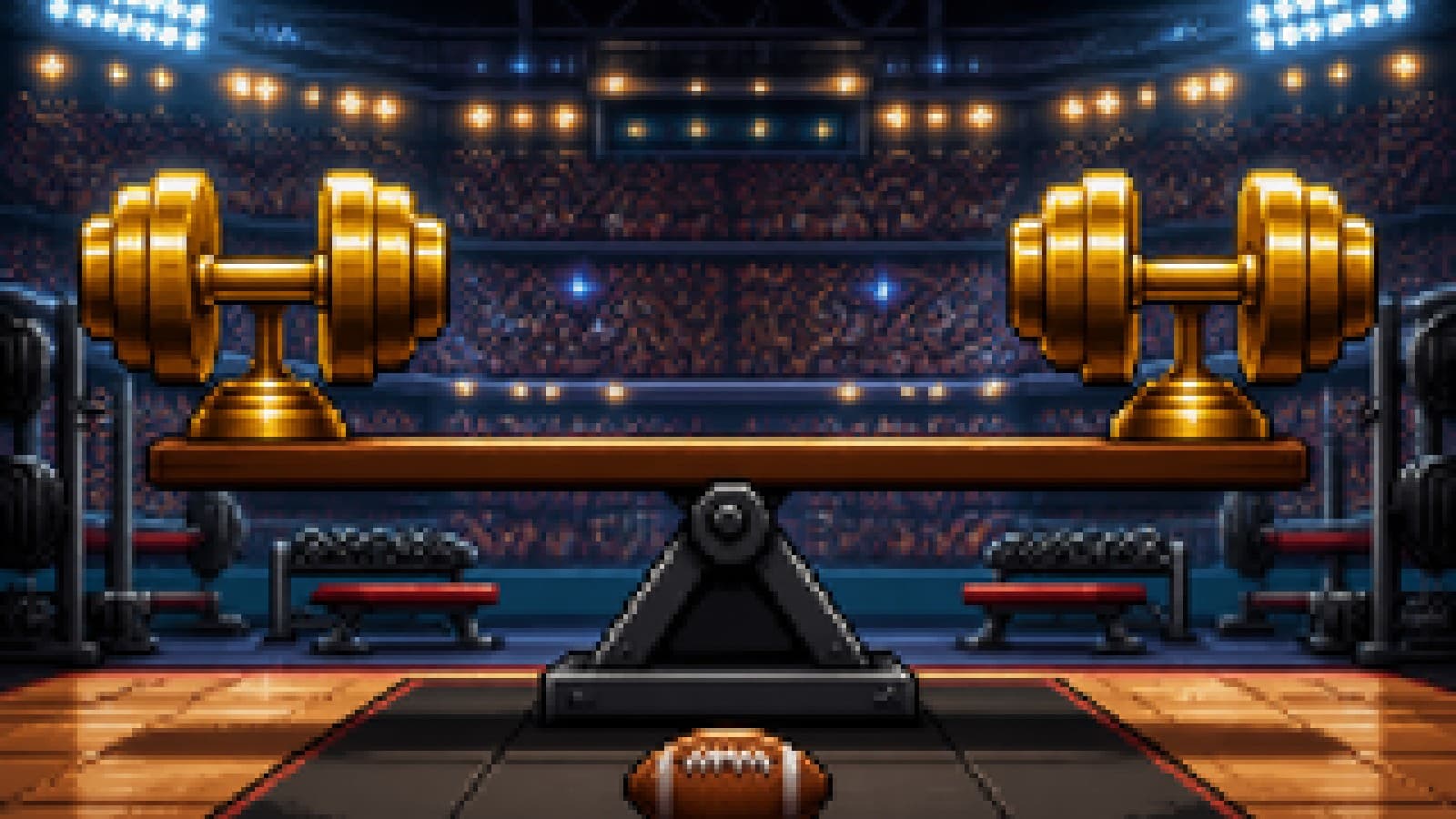 Illustration of a perfectly balanced seesaw with two golden weights in a gym, symbolising a tie between two football rivals