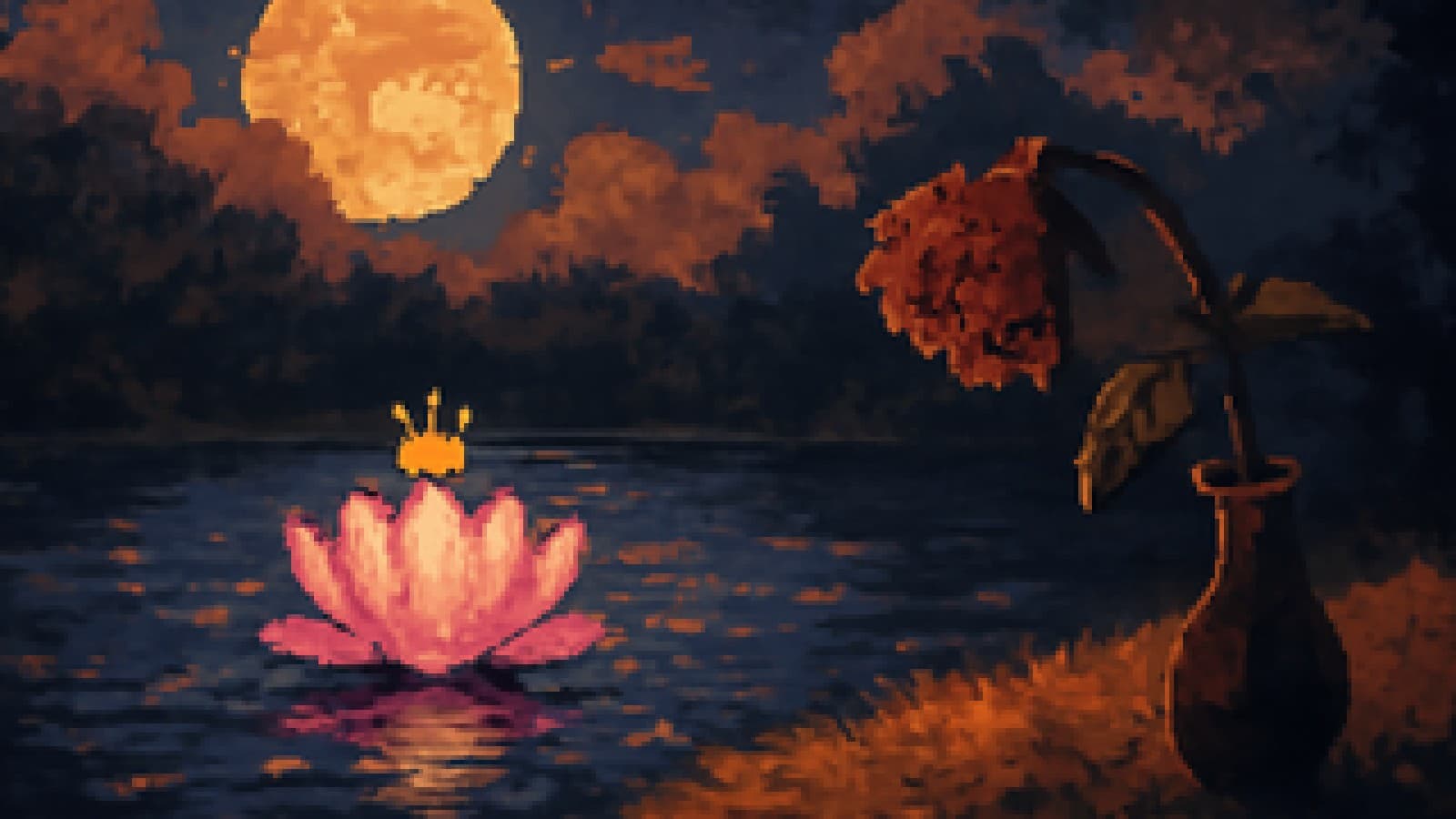 Pixel-art lotus with a crown on a pond while a sulking rose in a vase looks away.
