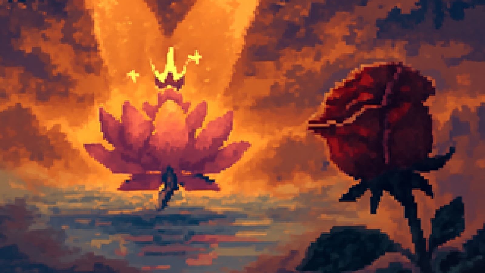 Pixel-art crowned lotus glowing on a pond as a jealous rose looks on from the shore.